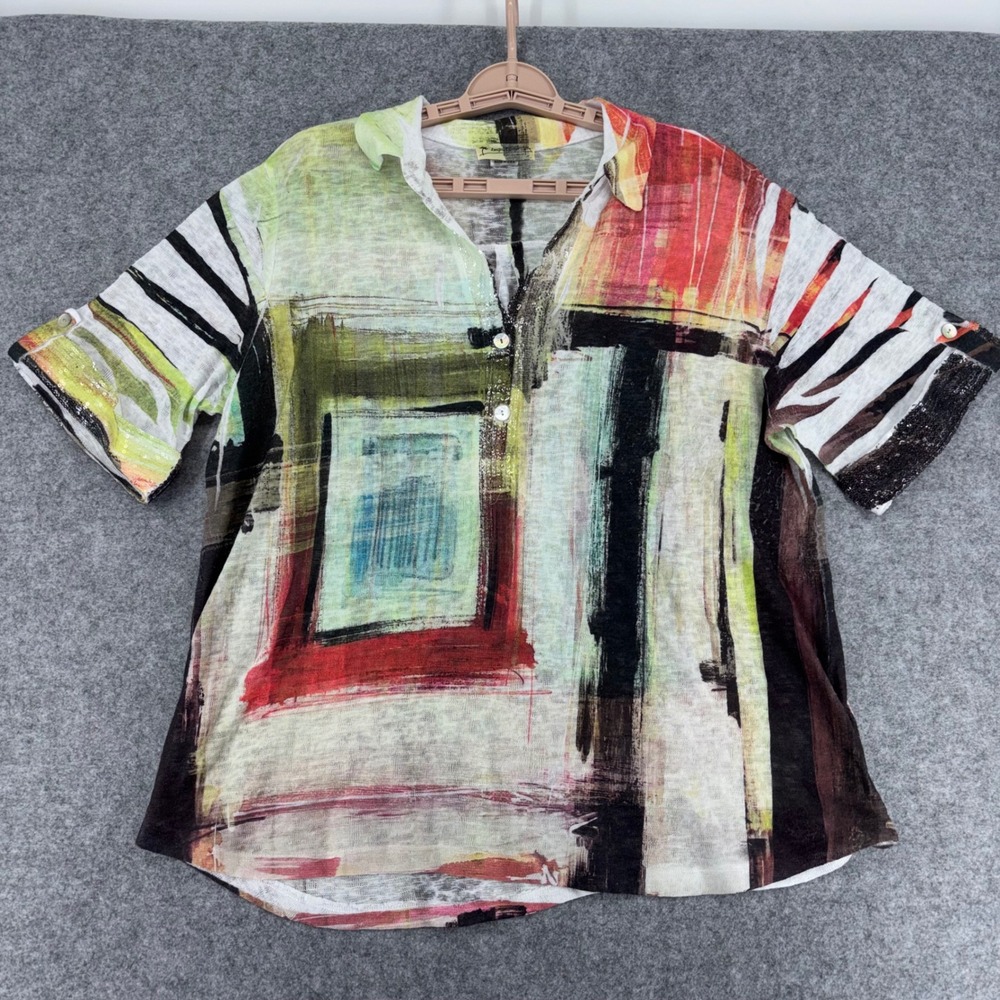Impulse California Womens Abstract Art Print Sequin Cuff Short Sleeve Top Large